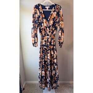 Flying Tomato Navy Orange Floral Long Sleeve Tiered Maxi Dress Womens Size S